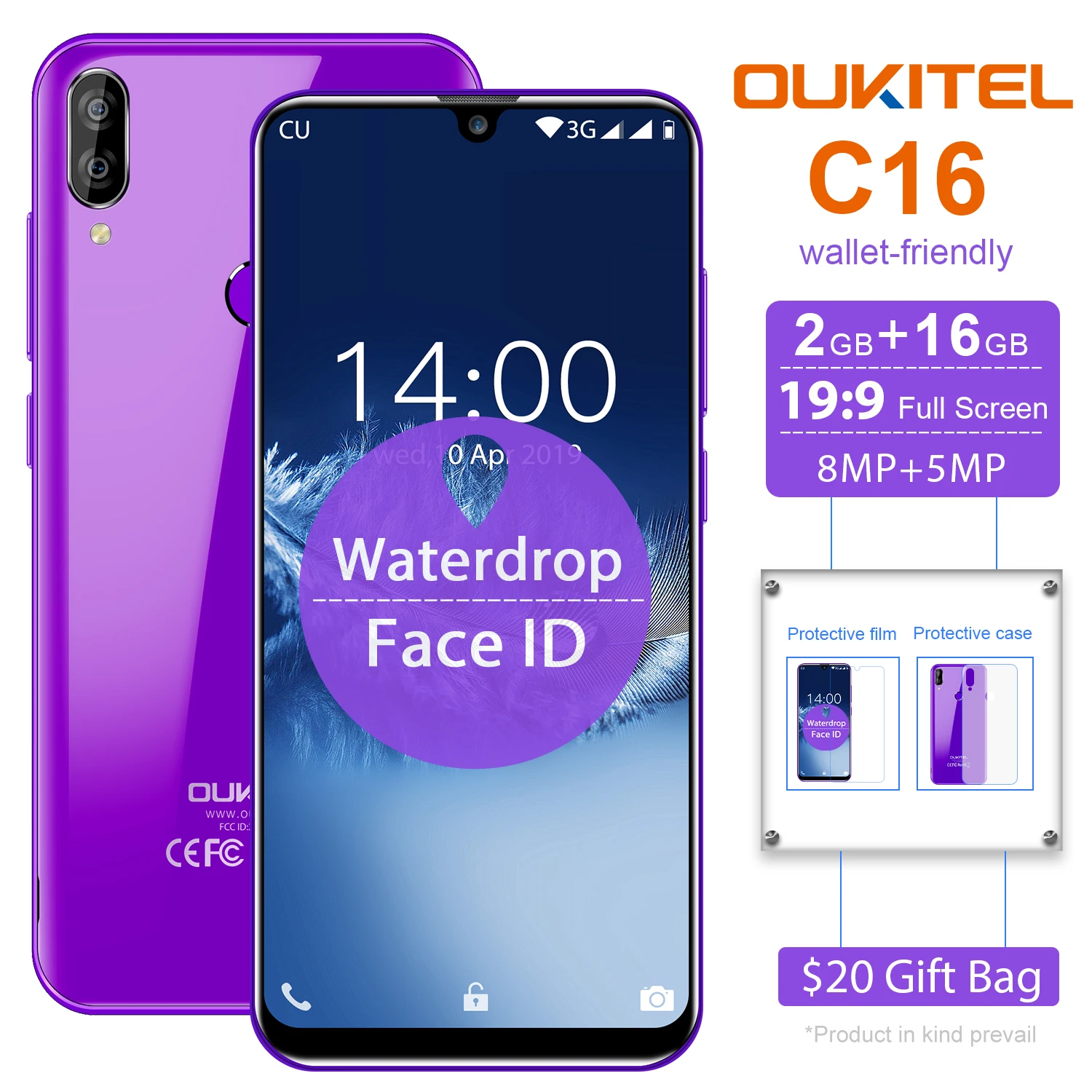 OUKITEL C16 5 71 ''Android 9 0 19:9 MT6580P 2 Гб 16 Смартфон отпечаток пальца Лицо ID