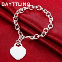 bayttling silver color 8 inch glossy heart pendant bracelet for woman man fashion wedding jewelry charm gift