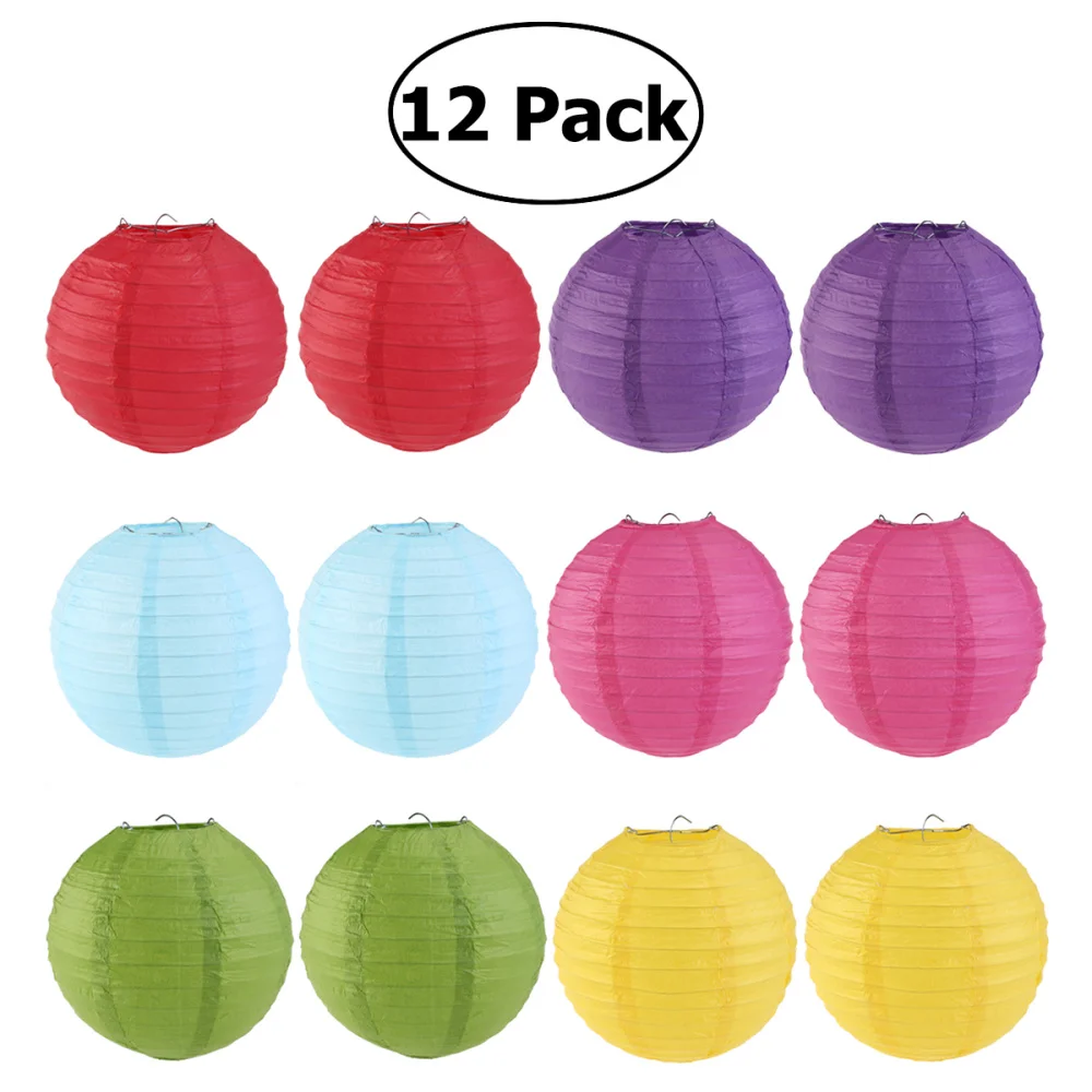

WINOMO 12pcs 6 Colors 25cm Round Paper Lanterns with Wire Ribbing (Red+Light Green+Rose Red+Sky Blue+Dark Purple+Yellow)
