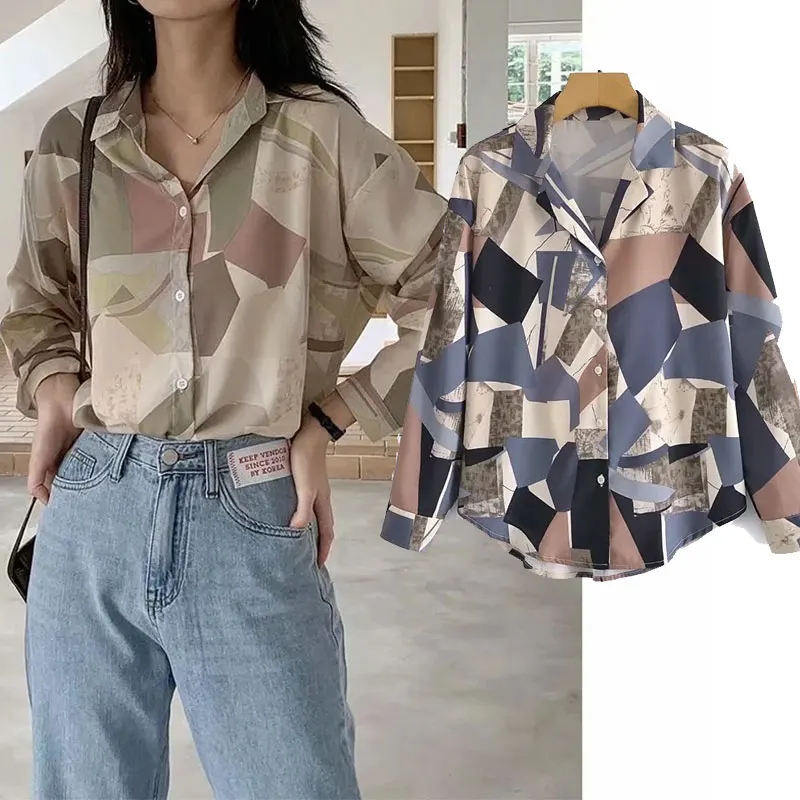

Nlzgmsj Za блузка для женщин 2021 для женщин в винтажном стиле с геометрическим принтом шифоновая рубашка с длинным рукавом 2021 шикарные Женская По...