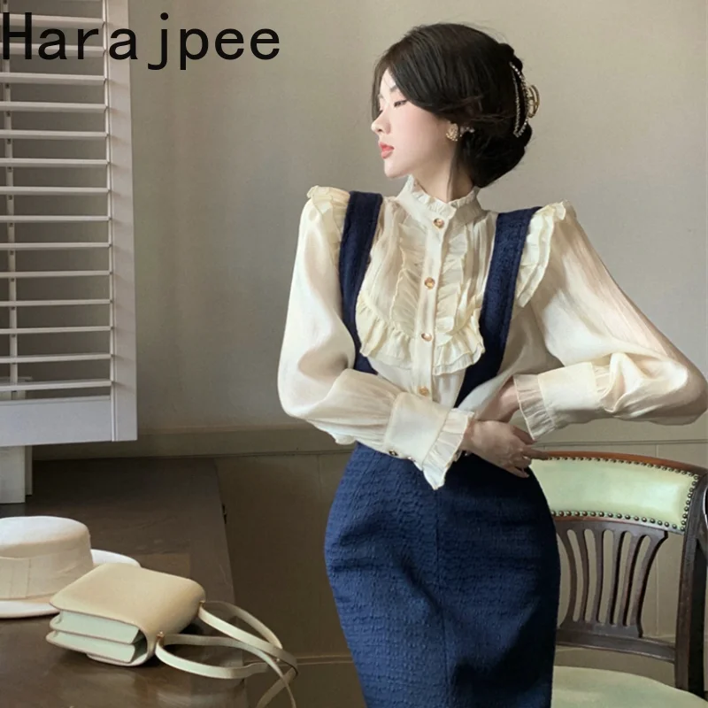 

Женская рубашка в стиле харадзпи, свободная элегантная шикарная блузка в французском стиле с оборками и воротником-стойкой, весна-осень