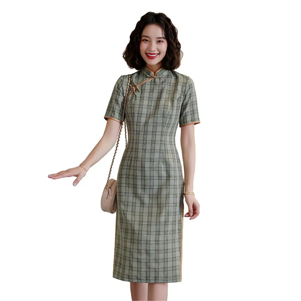 Шанхай история с коротким рукавом китайское традиционное платье в клетку Ципао