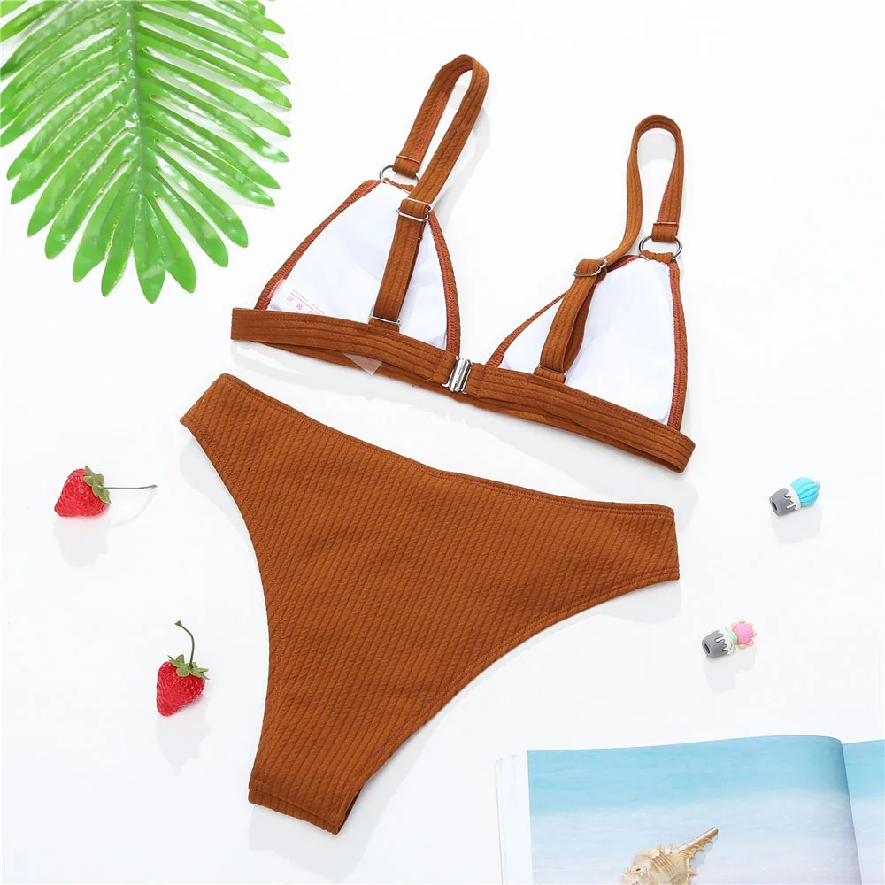 

Special Fabric Female Swimsuit High Cut Bikini 2021 Women Swimwear Push Up Bikini set Ribbed Bather Bathing Suit Swim