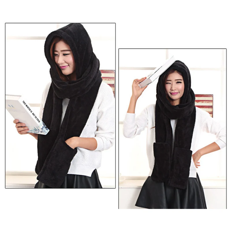 

Newly 3 in 1 Women Warm Hood Scarf Snood Pocket Gloves Hat Comfortable for Winter Outdoor m99