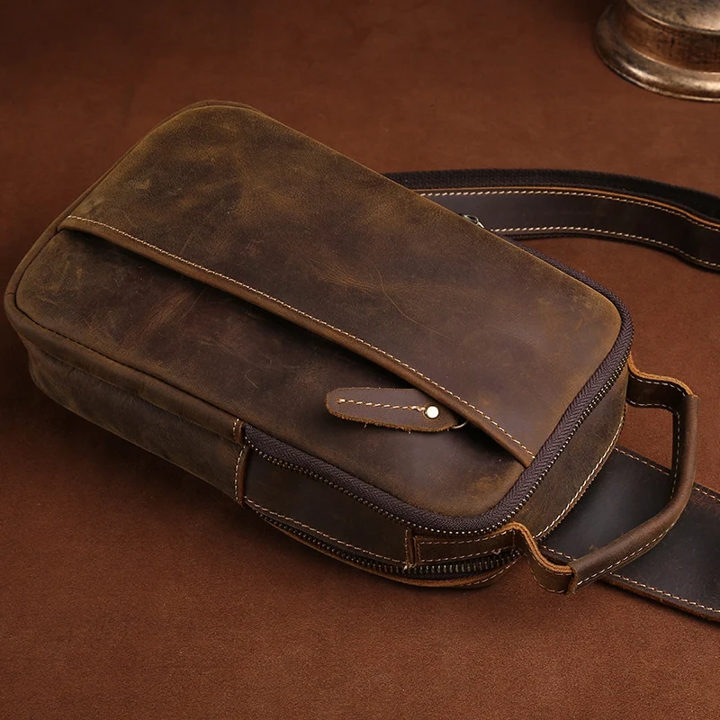 Hand-Made Crazy Horse Genuine Leather Casual Sling Chest Pack Men Crossbody Shoulder Bag Men'S Cowhide Messenger |