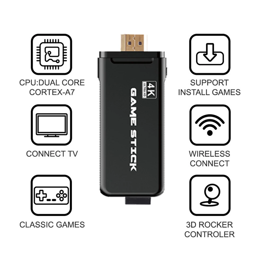 

Support Multi-Languauge Mini 4K Video Game Console Dual Player Retro Wireless Controller HDMI Stick