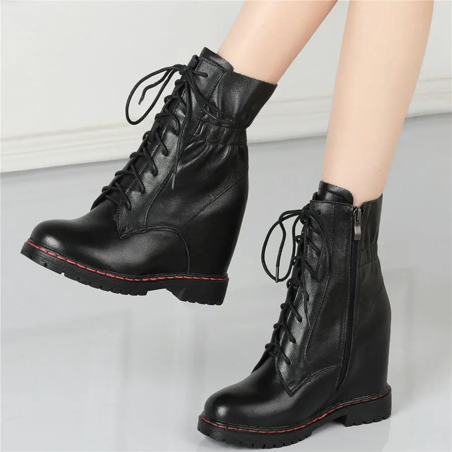 

Oxfords Women Pleated Genuine Leather High Heel Ankle Boots Female Lace Up High Top Round Toe Platform Pumps Shoes Casual Shoes