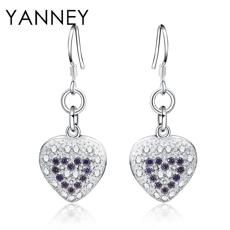 

YANNEY 925 Sterling Silver 40MM Fine Purple Heart-shaped Zircon Earrings For Woman Fashion Wedding Party Gift Jewelry