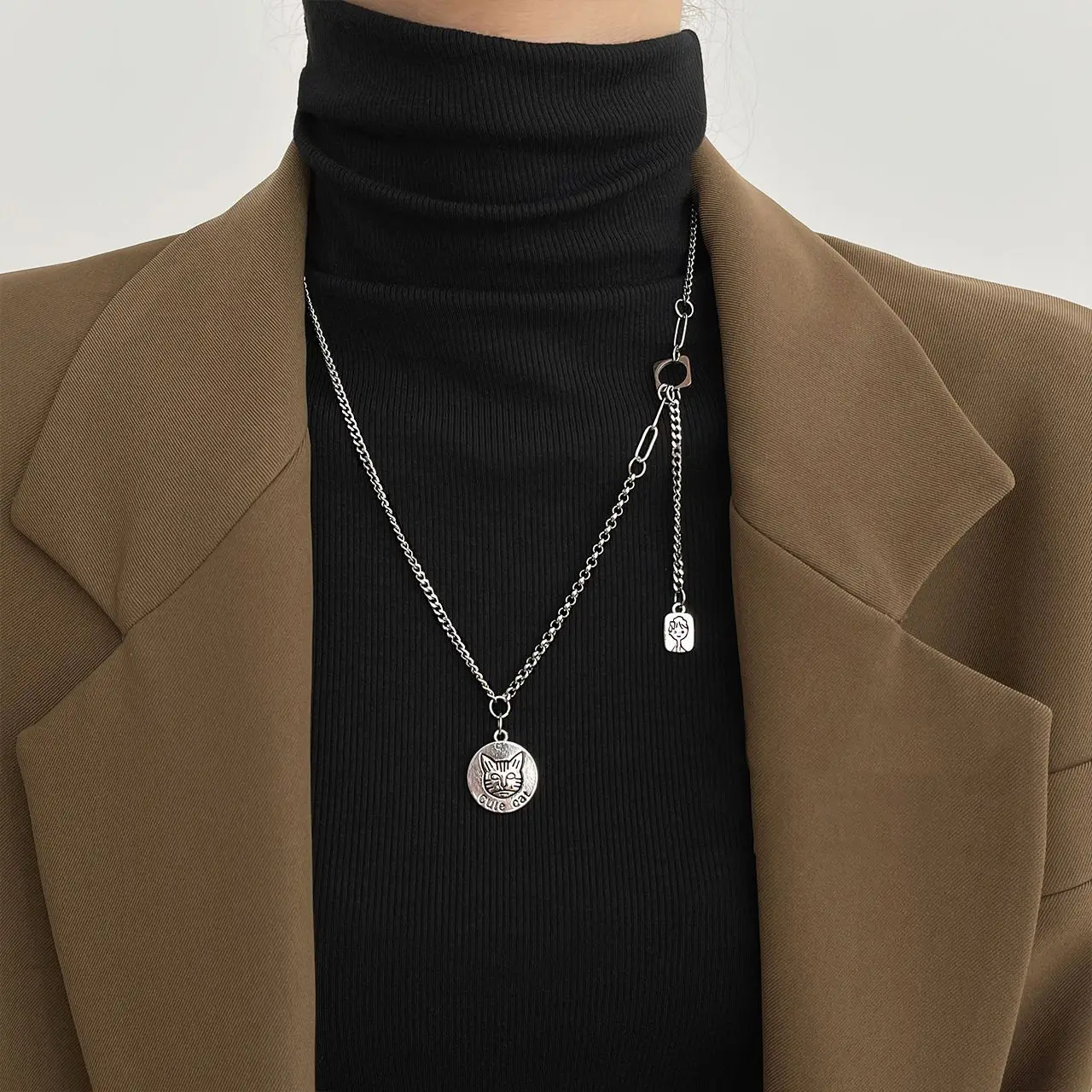 

New Trendy Metal Ball Coin Cat Pendant Multi-layer Punk Design Long Chain Necklace For Women men Jewelry Gifts