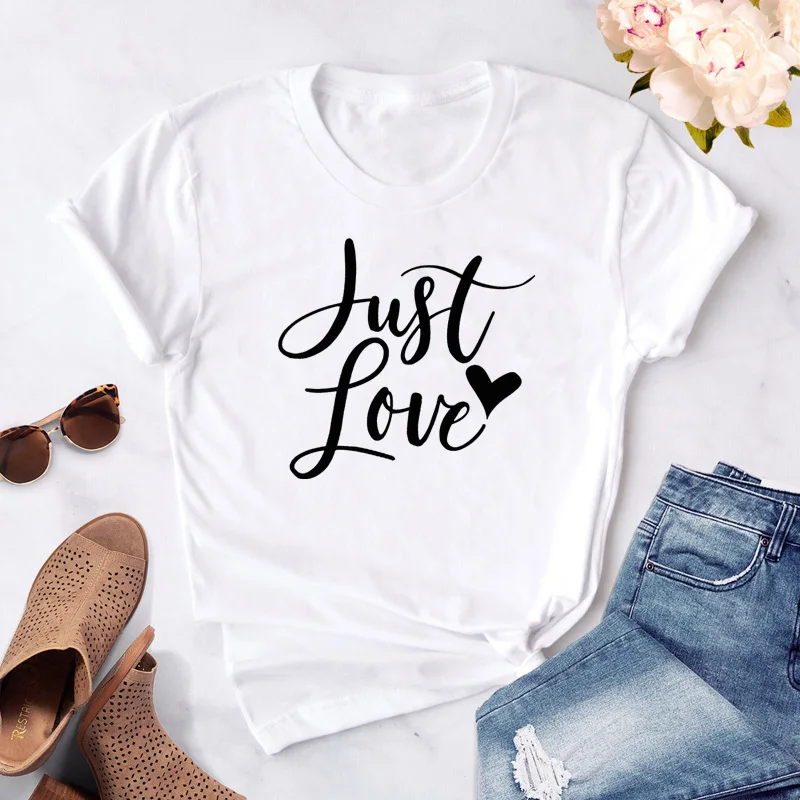 

Just Love Heart Print T-shirt Trendy Women O-Neck Inspirational Kindness Tshirt Summer Graphic Motivational Valentines Tees Tops
