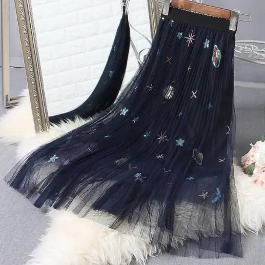 2020 сетчатая женская летняя юбка плиссированная с вышивкой планеты для девочек