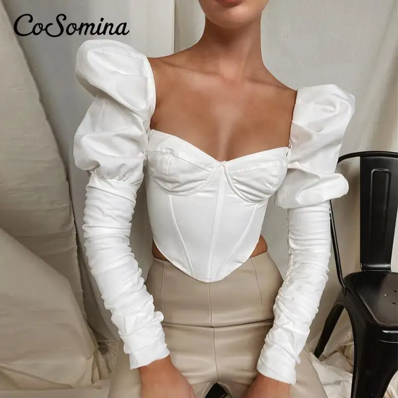 

CoSomina Сексуальная женская футболка с глубоким вырезом Осень 2021 женский короткий топ с рюшами и длинным рукавом Футболка уличные женские фут...