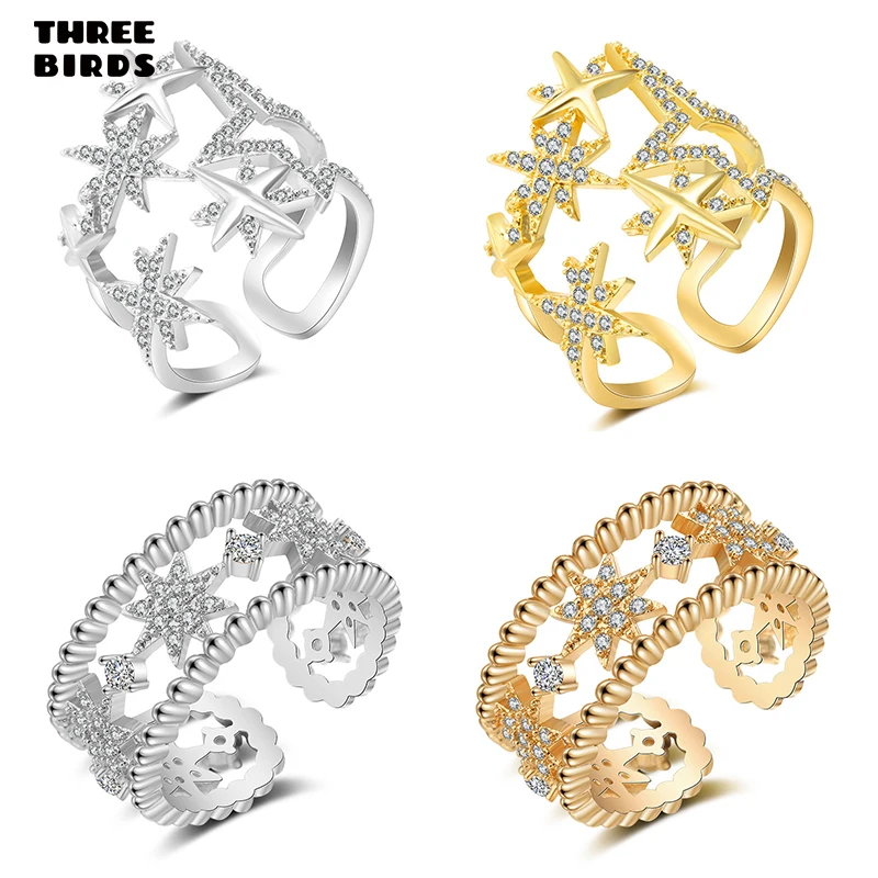 Трендовые кольца с кубическим цирконием три цвета Звездные Кольца двухслойные