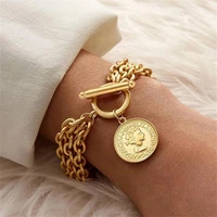 punk multilayer stainless steel medallion coin bracelets for women metal coin pendant hunky chain toggle bracelets