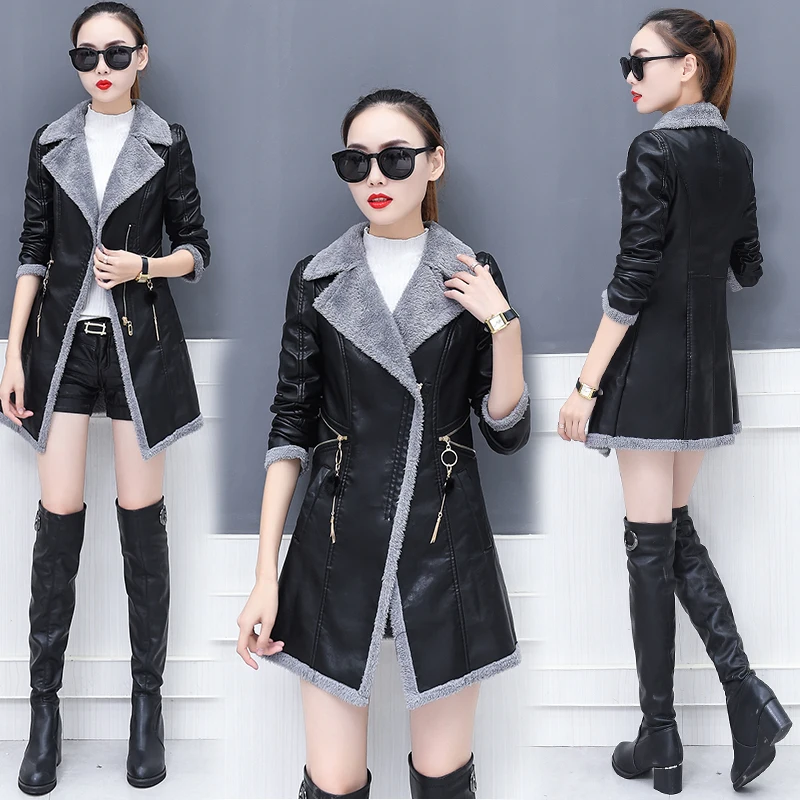 Женское длинное пальто из искусственной кожи теплое замшевое овечьей шерсти