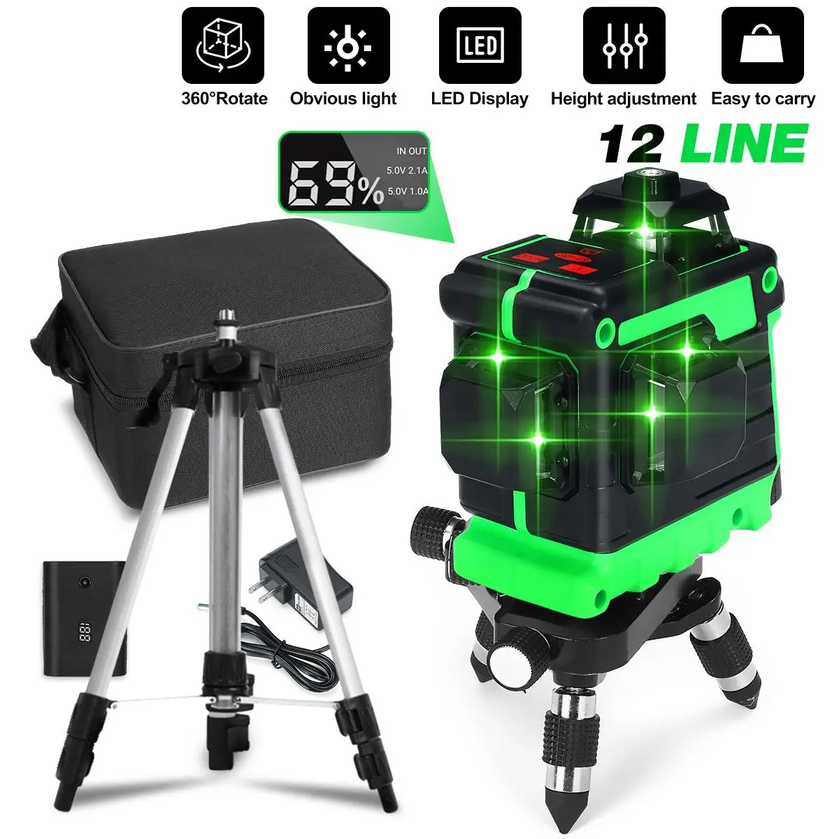 

Laser levels 12 Lines 3D 532nm Green Light Horizontal&Vertical Cross Measure Tool 360 Self-Leveling Laser Levels With Tripod&LED