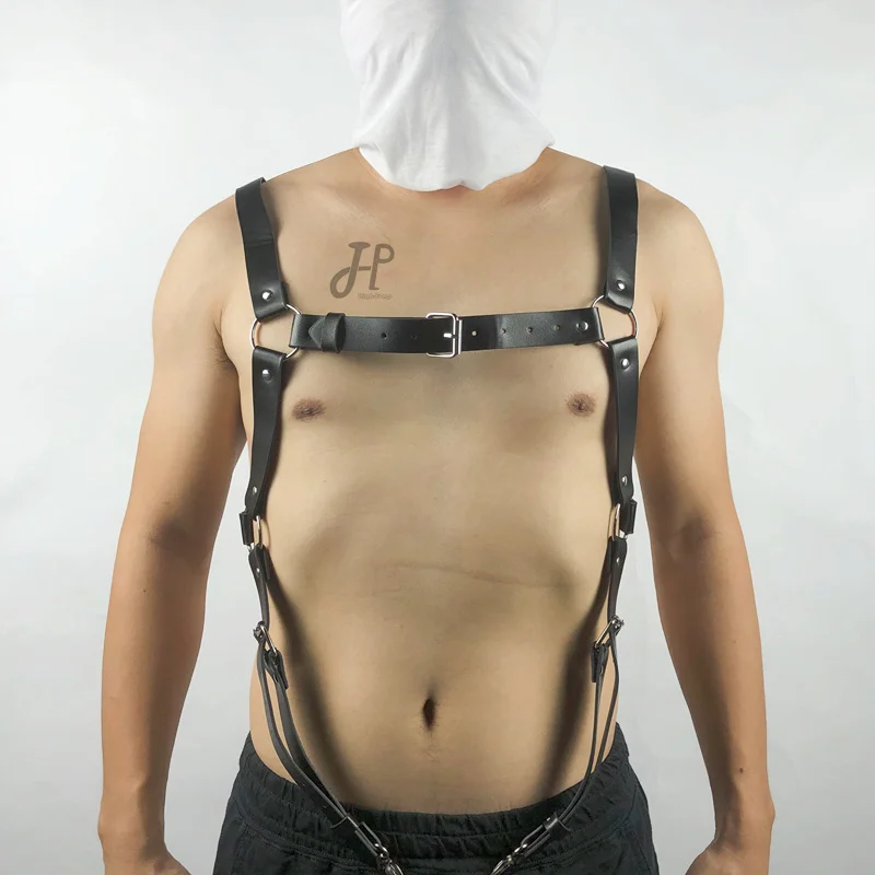 

Fetish Lingerie Harness Men Sexy Shoulder Straps Chest Bondage Muscle Halter Belt with Metal O-rings Club Party Hollow Costume