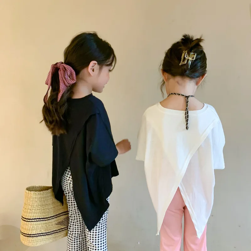 

Новинка лета 2021, Детская футболка, дизайнерская футболка в Корейском стиле с разрезом на спине для маленьких девочек, модная повседневная ф...