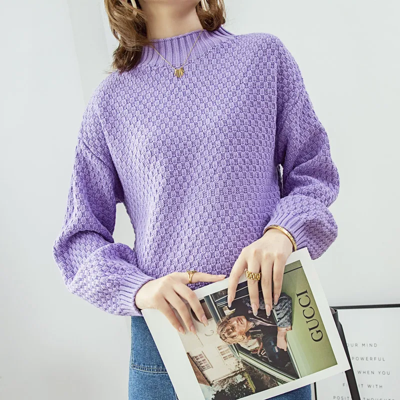 

Purple Sweater Women Thicken Half Turtleneck Long Sleeve Warm Pullover Autumn Winter Elegant Chic Jumpers Streetwear Sweet Tops