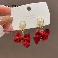 flscdyed french romantic bow stud earrings for women 2021 luxury pearls red rhinestone gold drop dangle earrings girls jewelry