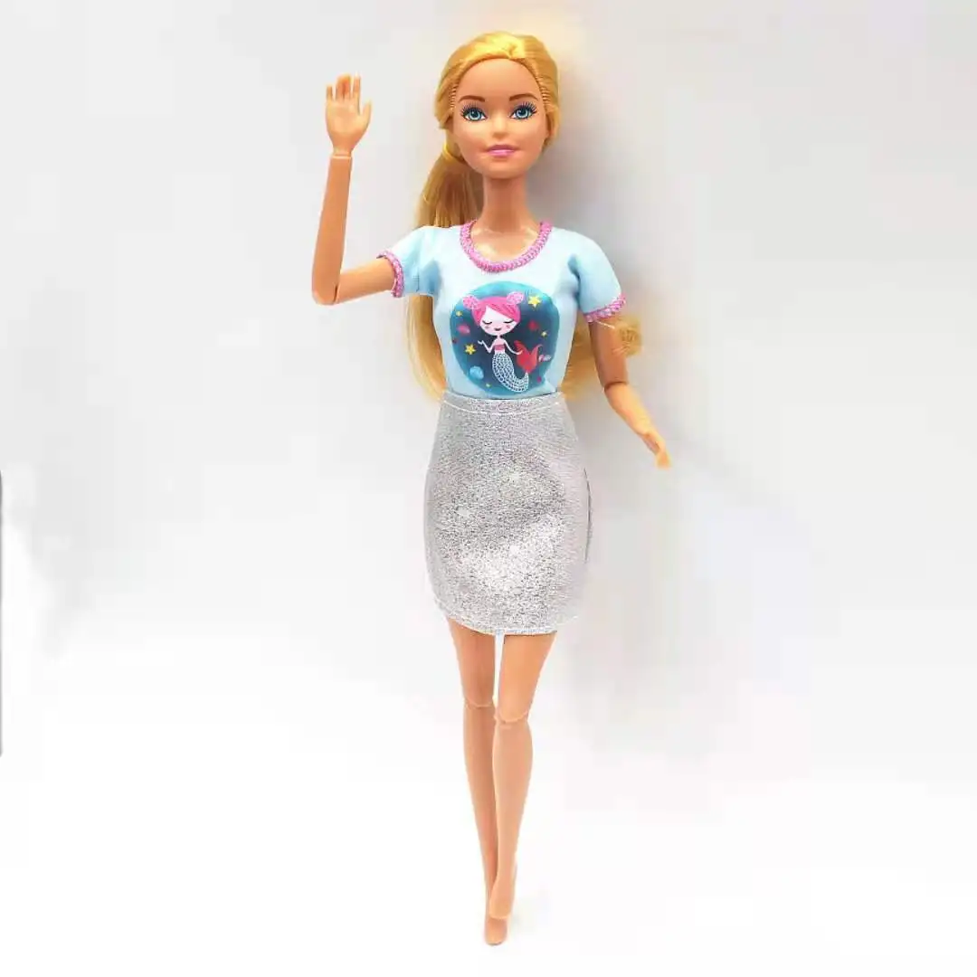 Голубого цвета с мультипликационным принтом рубашка Серебряная юбка 1/6 BJD Кукла