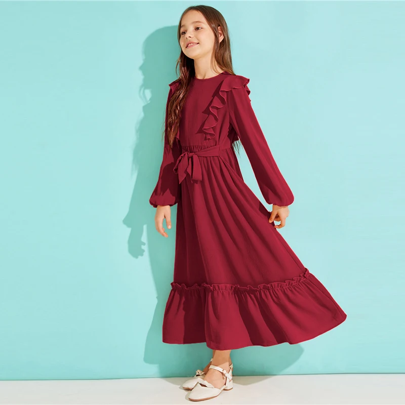 SHEIN Kiddie/однотонное платье с оборками на подоле для девочек с поясом; коллекция года; сезон осень; милые детские макси платья с высокой талией на молнии сзади