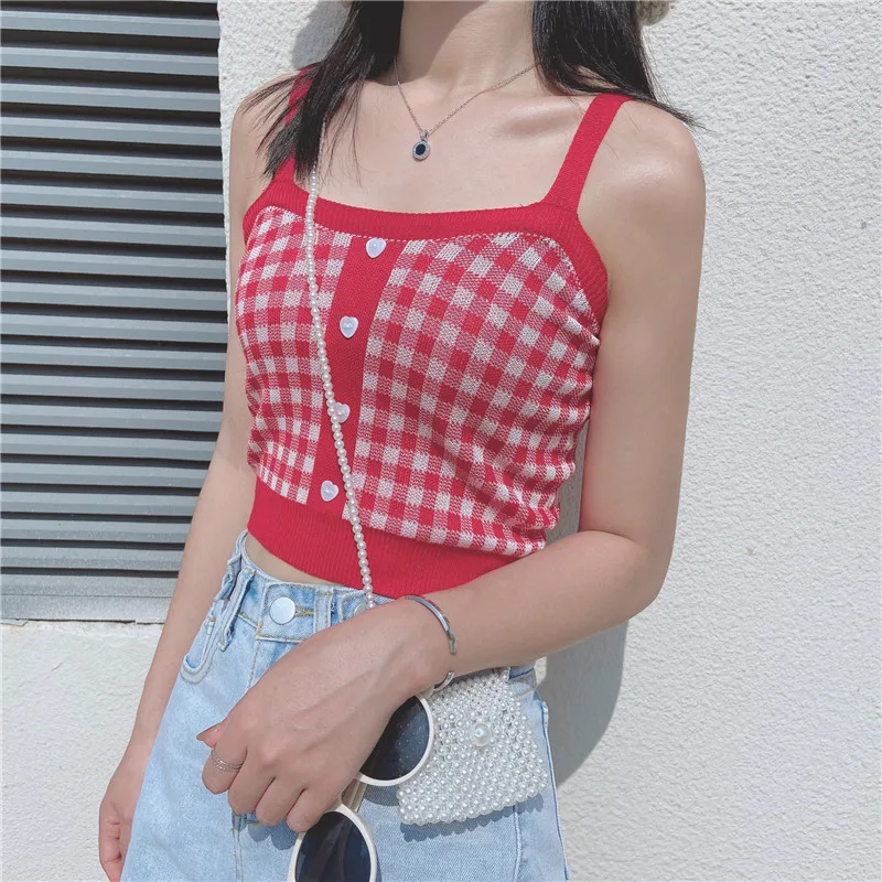 

2021 Summer Camis Women Cute Kawaii Plaid Tank Crop Top Corset Knitted Female Cottagecore Stretchy Camisole E Girl Bustier Slim