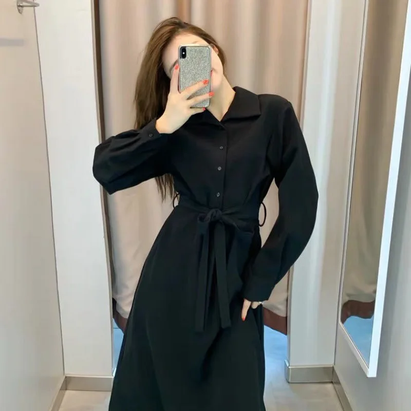 Black Hepburn Dress Women's Fall 2021 New High Waist Thin French Square Collar Long Sleeve Little Black Dress
