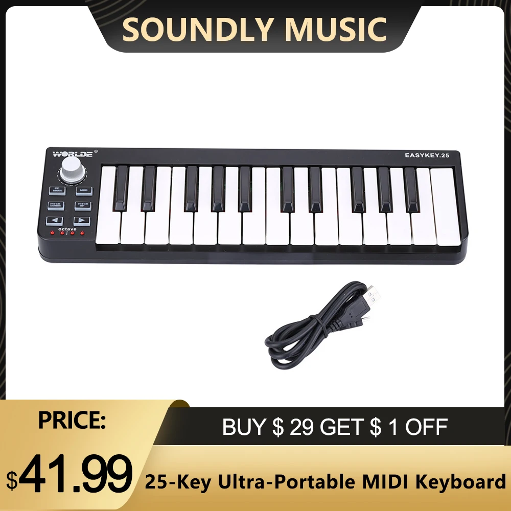

Hot Worlde MIDI-клавиатура, MIDI-контроллер и барабанная мини-клавиатура 25 клавиш, ультрапортативный USB MIDI-контроллер клавиатуры, фортепиано, клавиа...