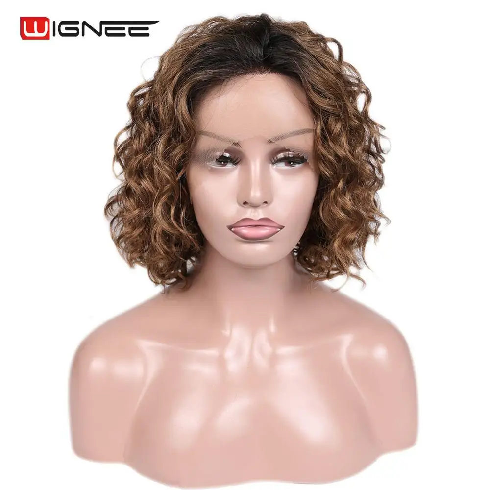 Wignee парик из натуральных волос на кружевном переде, короткий, стриженый, кудрявый, для женщин, натуральный черный/Омбре, коричневый, парики из человеческих волос для афро-американских - Цвет: WigHLB18032BRN