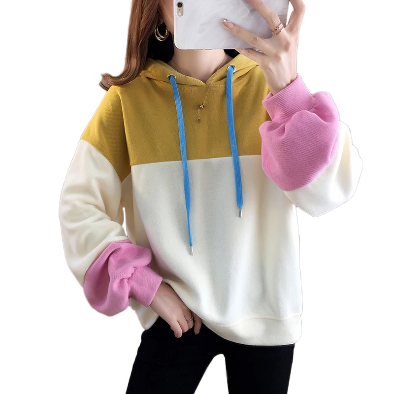 Осенняя мода новый цвет мозаика женское худи Ins фиолетовый Плюс Размер Женская