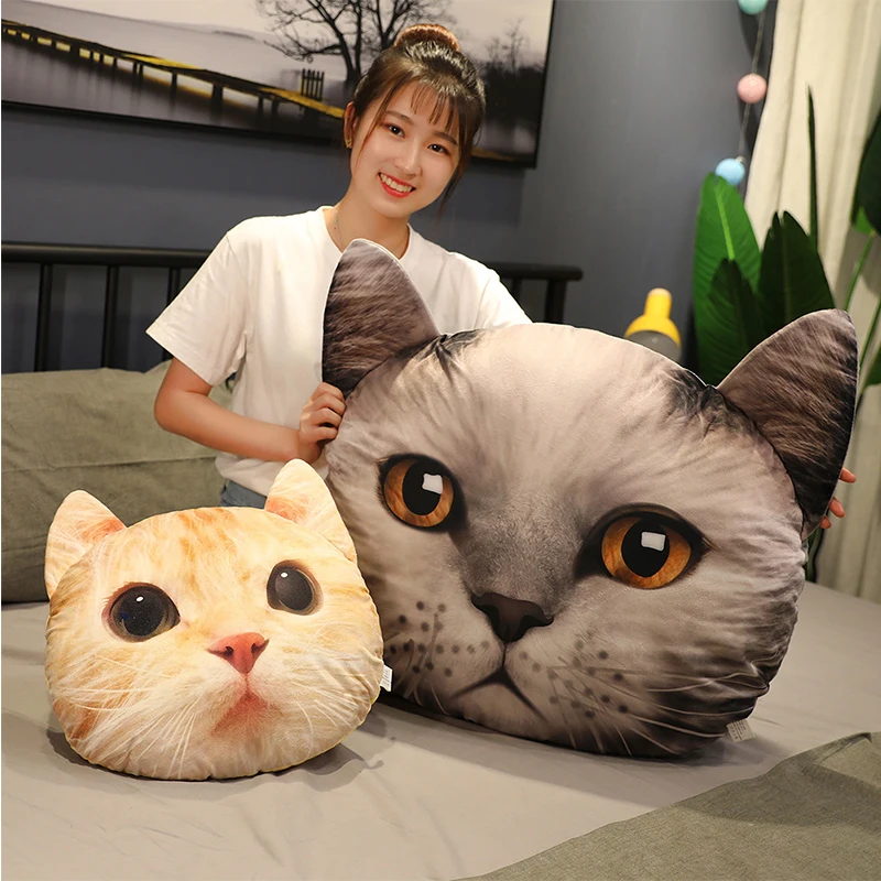 

3D Print Simulation Plush Cat Face Pillows Soft Stuffed Animal Head Cushion Sofa Decor Cartoon Plush Toys for Children Kids Gift