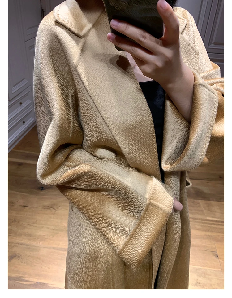 High-end Winter Women's Coat Long Cashmere Water Ripple Autumn Caramel Color Camel Lace Classic Temperament Black | Женская одежда