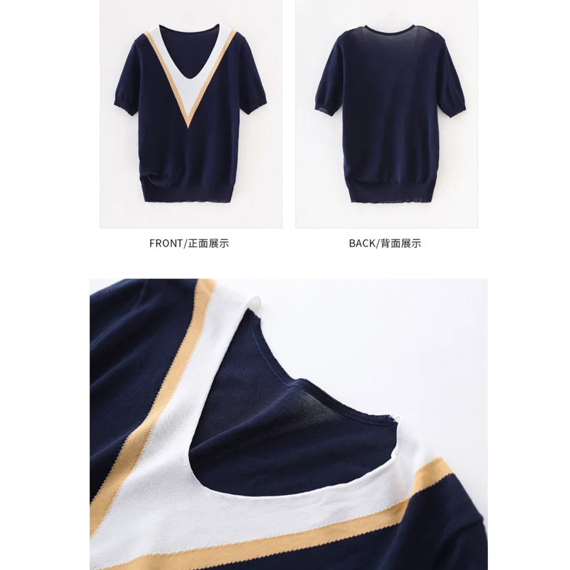 

Ice Silk V-neck Women Sweater Vest T Shirt Contrast Color Knitted Short Sleeve Top Clothes Women 2021 Summer Blue Thin pullovers