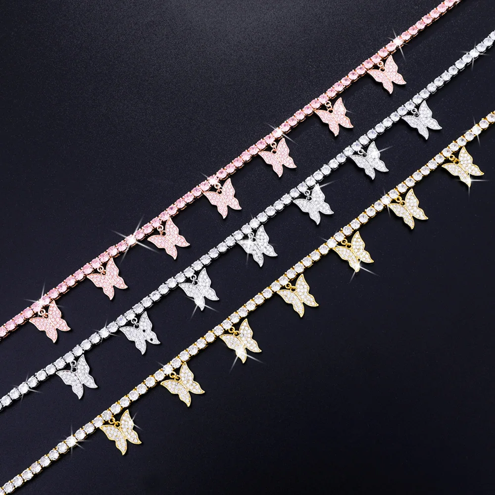 

Fashion Butterfly 4MM Tennis Chain Choker Necklace Iced Out Cubic zirconia Bling Hip Hop Charm Jewelry Gift For Women Men