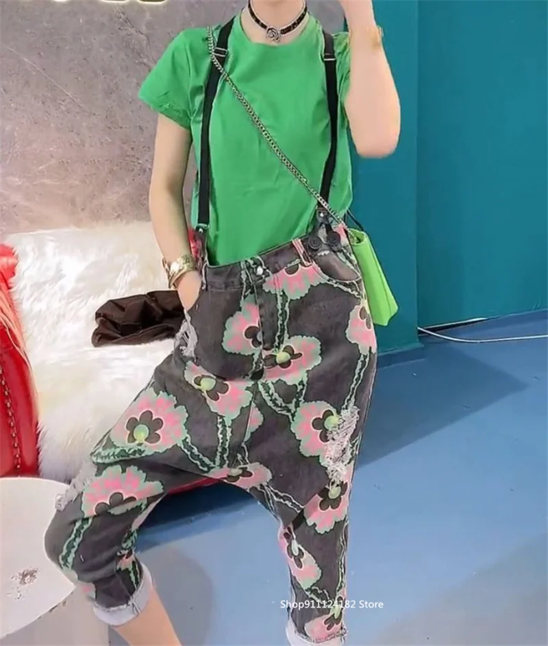 European Goods Tide Brand Design Sense Flower Pattern Hole Cropped Feet Harem Pants Female 2021 Summer High Waist Slim Overalls
