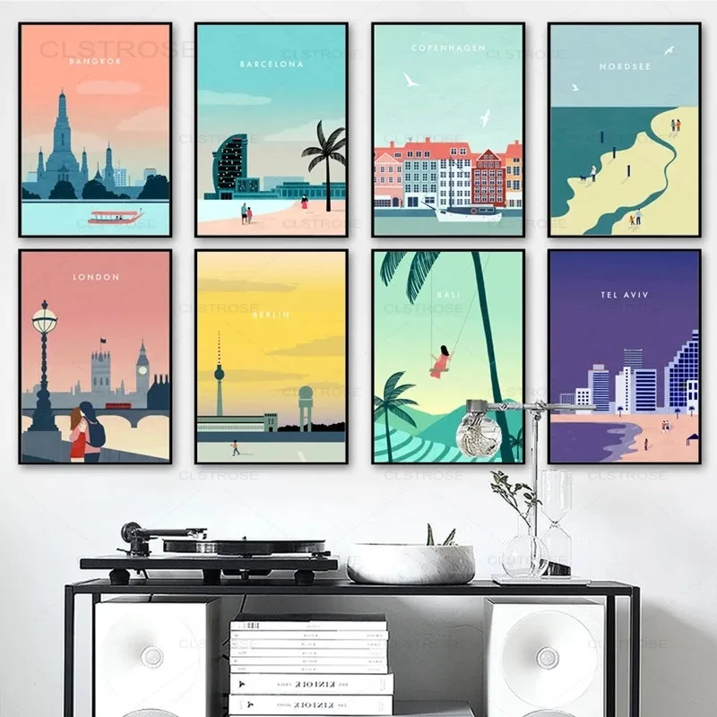 

Cartoon Travel City Landscape Canvas Painting Nordic Posters And Prints Modular Art Wall Picture For Living Room Home Decoration