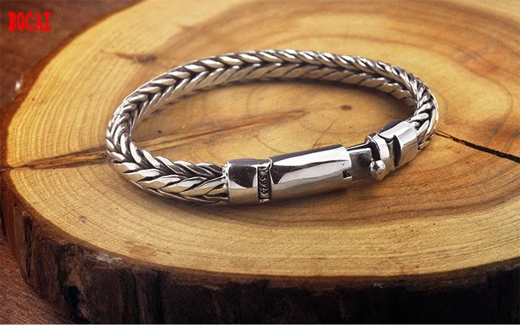 

Real solid S925 pure silver hand woven bracelet for men vintage mighty Thai silver men bracelet