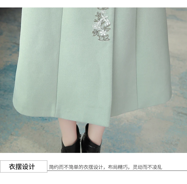 Женское длинное шерстяное пальто приталенное размера плюс с вышивкой Осень-зима