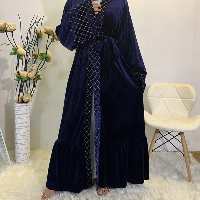 Buy New Arrivals Golden velvet Open Front Abaya Kimono Women Muslim Dress Modest Wear Dubai Turkey Sheer Duster Cardigan on