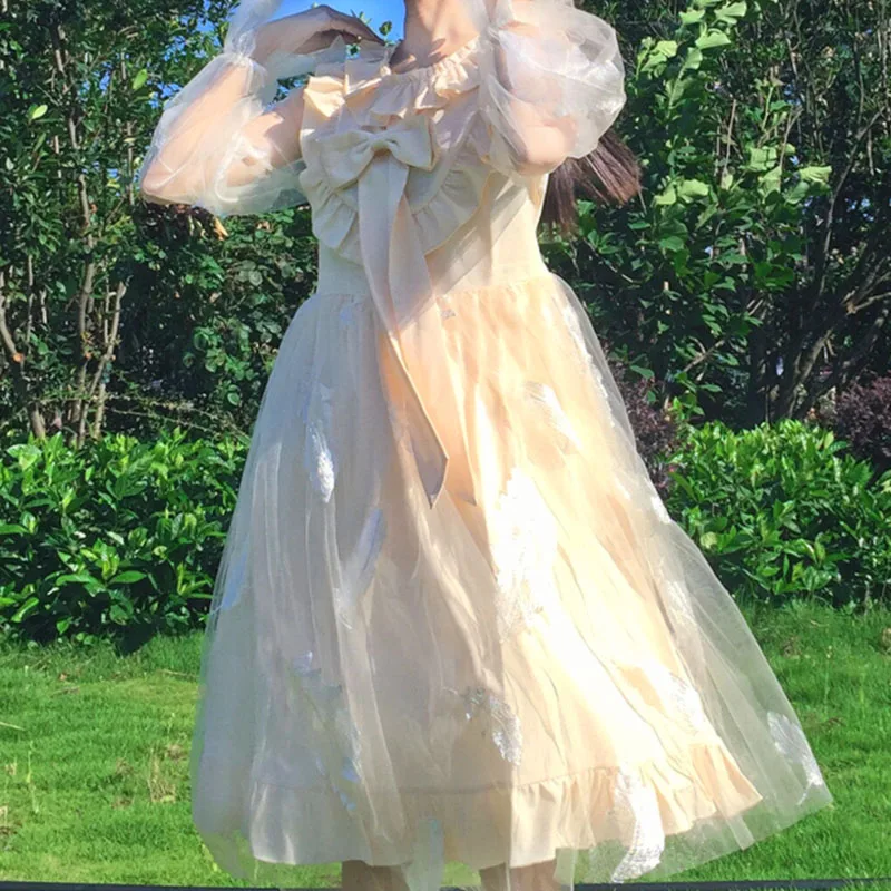 

Japanese Women Dress Lolita Style Bow Feather Embroidery Flare Sleeve Cute Kawaii Ruffles Fairy Ladies Dress 2021 Spring Autumn