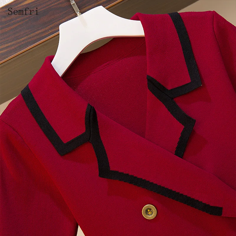 

Semfri Dress Women 2020 Summer Plus Size Women's Dresses Female Contrast Color Suit Collar Double-breasted Knitted Dress