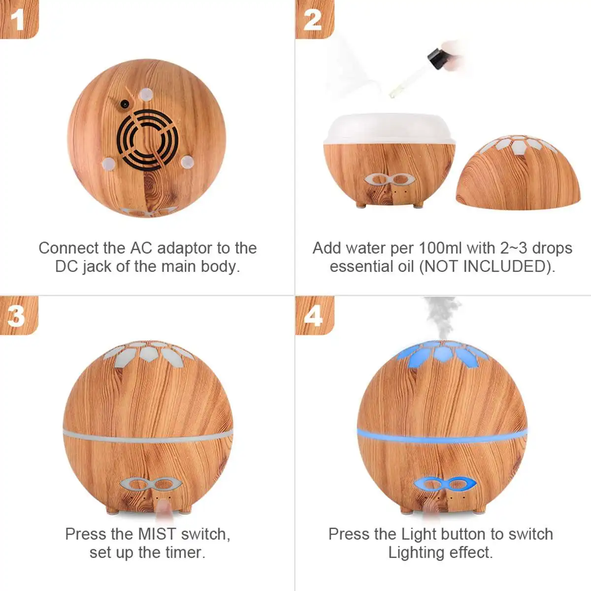 

Ultrasonic Air Humidifier 400ml Aroma-Essential-Oil Diffuser Electric Humidifier with 7 Color Changing LED Lights Remote Control