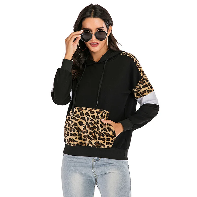 

2020 New Long Sleeve Leopard Print Hoodies Split Leisure Women Cotton Casual Drawstring Sweatshirt Moletons Femininos Em*