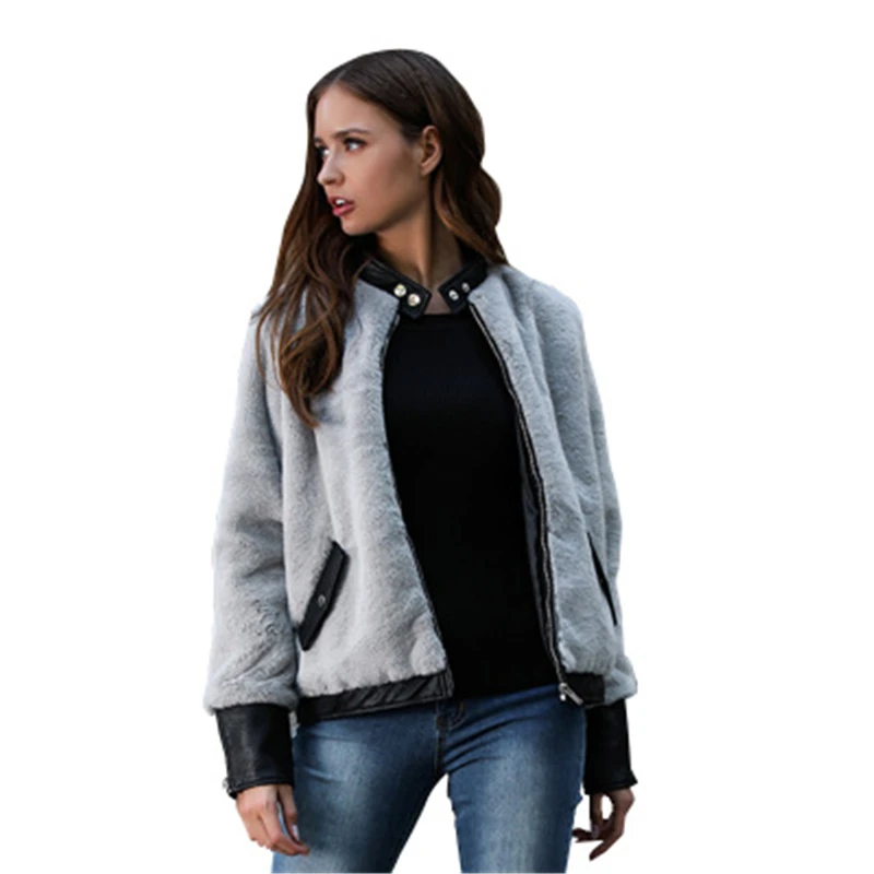 

2020 New Autumn And Winter Short jacket Female Vogue PU leather Stitching Plush Thicken Pocket Round neck Women Tops High Grade