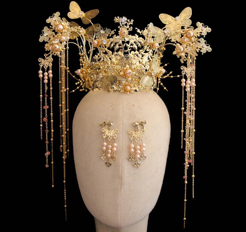 crown earring set NiuShuya роскошный китайский свадебный головной убор Корона с серьгами костюм Золотая Бабочка кисточка Свадебные украшения Аксессуары для волос - Окраска металла: crown earring set