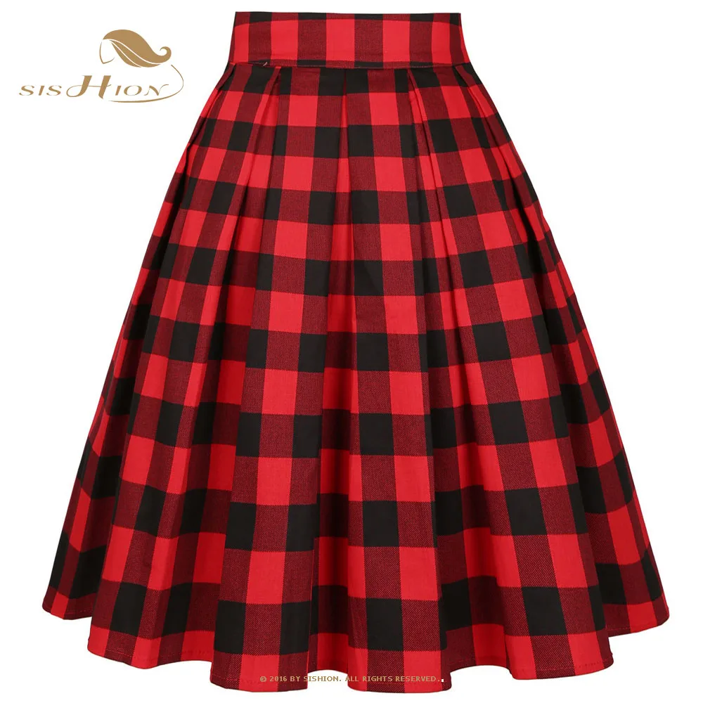 

England Style School Skirts Women Summer High Waist Korean Pleated Printed Girls Retro Vintage Ladies Red Plaid Skirt SS0012