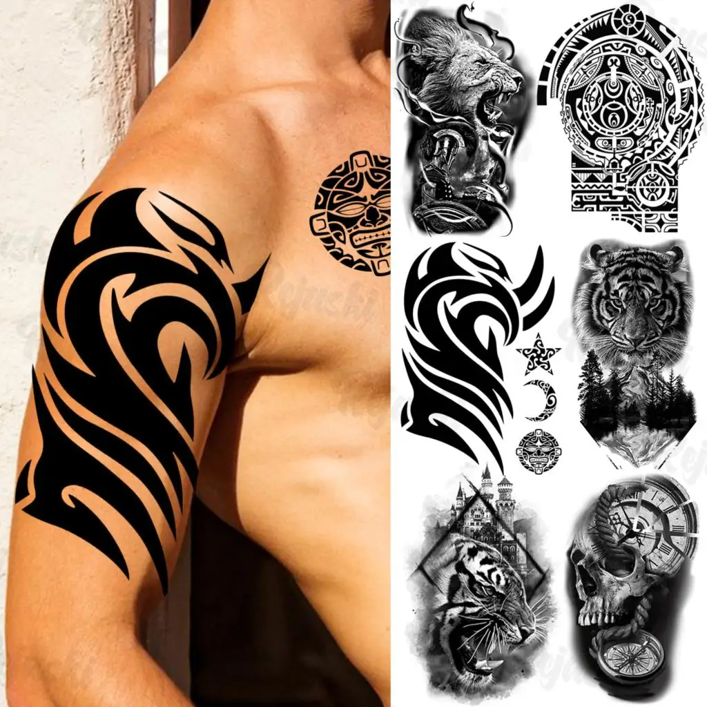 

Black Thorns War Temporary Tattoos Big For Men Women Realistic Lion Tiger Forest Skull Compass Fake Tattoo Sticker Arm Tatoos 3D