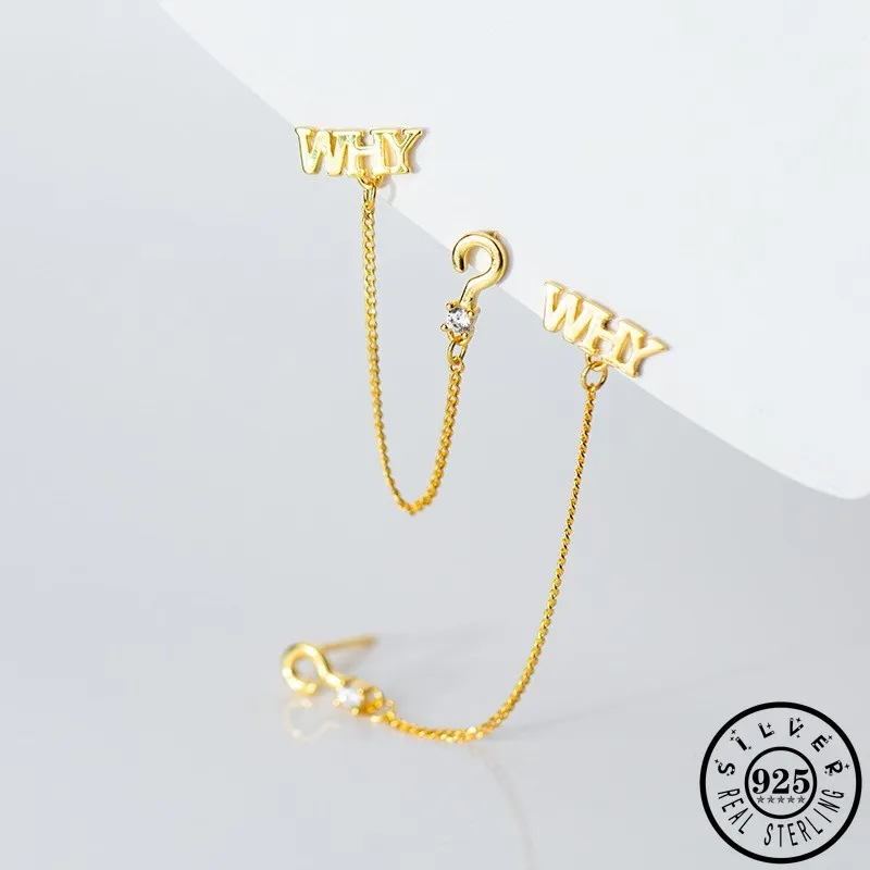 

925 Sterling Silver Letter WHY Question Mark Shape Gold Color Plated Double Stud Tassel Chain Earrings Jewelry for Women Ladies