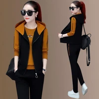 three piece suit 2021 new spring and autumn womens casual khaki long sleeved t shirt black vest lace up pants sports suit